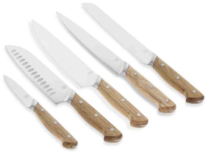 Morsø Foresta knivsæt 5 dele, Er en knivserie af meget høj kvalitet og med et smukt design, er af rustfrit stål og skaft af FSC-certificeret egetræ