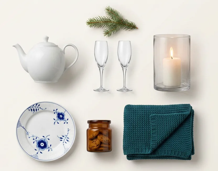 Julegaver: Royal Copenhagen-tekande og tallerken, glas, lyslygte og plaid