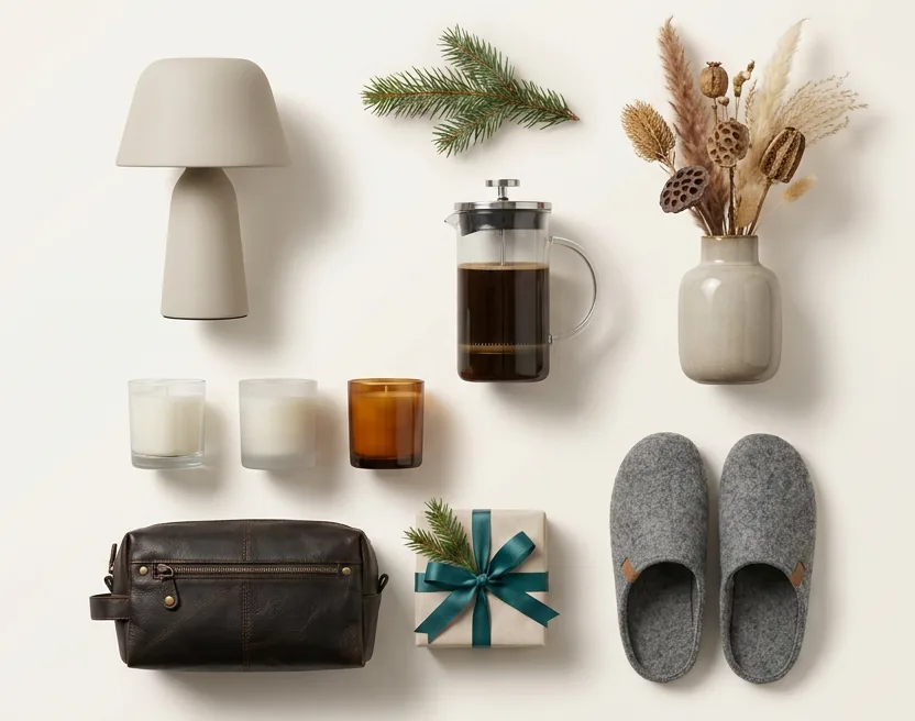 Julegaver: lampe, stempelkande, duftlys, toilettaske og hjemmesko