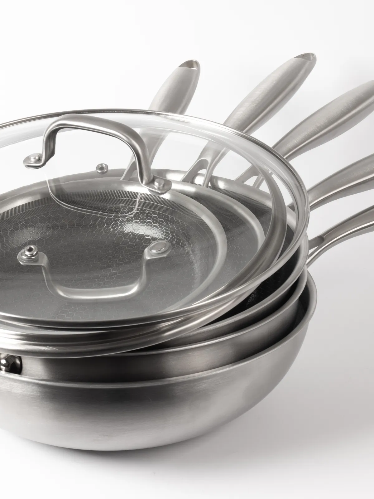 byGaard Hexa Pande 3-Pack - 20+24+28 cm + WP2625 Hybrid wok pande (gryde) mat stål, 30 cm x 9 cm, med glaslåg + sautepande