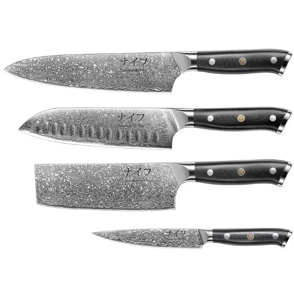 Damascus by Hâws Chef knife 32 cm + Santoku + Nakiri knife 30 cm + Utility knife 24cm G10