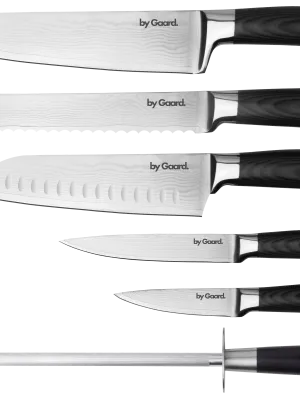 byGaard by Gaard DKS2526 Damascus Knife Set 6 Dele - FSC MIX 70% + KB2602 Knife block, magnetic, gummi træ, 28*21.5*3.5cm