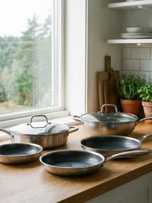 byGaard Hexa Pande 3-Pack - 20+24+28 cm + WP2625 Hybrid wok pande (gryde) mat stål, 30 cm x 9 cm, med glaslåg + sautepande