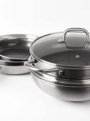 byGaard Hexa Pande 3-Pack - 20+24+28 cm + WP2625 Hybrid wok pande (gryde) mat stål, 30 cm x 9 cm, med glaslåg + sautepande