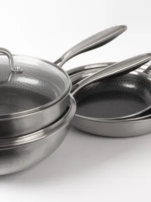 byGaard Hexa Pande 3-Pack - 20+24+28 cm + WP2625 Hybrid wok pande (gryde) mat stål, 30 cm x 9 cm, med glaslåg + sautepande
