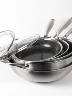 byGaard Hexa Pande 3-Pack - 20+24+28 cm + WP2625 Hybrid wok pande (gryde) mat stål, 30 cm x 9 cm, med glaslåg + sautepande