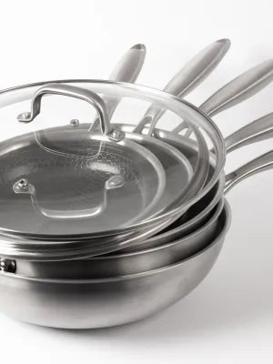 byGaard Hexa Pande 3-Pack - 20+24+28 cm + WP2625 Hybrid wok pande (gryde) mat stål, 30 cm x 9 cm, med glaslåg + sautepande