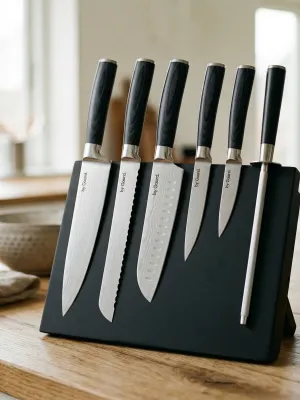 byGaard by Gaard DKS2526 Damascus Knife Set 6 Dele - FSC MIX 70% + KB2602 Knife block, magnetic, gummi træ, 28*21.5*3.5cm