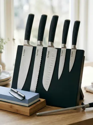 byGaard by Gaard DKS2526 Damascus Knife Set 6 Dele - FSC MIX 70% + KB2602 Knife block, magnetic, gummi træ, 28*21.5*3.5cm + wetstone kniv sliber sæt bambus