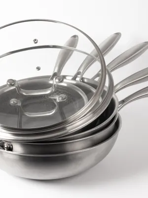 byGaard Hexa Pande 3-Pack - 20+24+28 cm + WP2625 Hybrid wok pande (gryde) mat stål, 30 cm x 9 cm, med glaslåg + sautepande