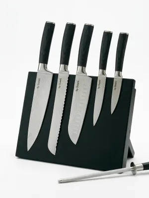 byGaard by Gaard DKS2526 Damascus Knife Set 6 Dele - FSC MIX 70% + KB2602 Knife block, magnetic, gummi træ, 28*21.5*3.5cm
