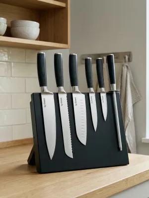 byGaard by Gaard DKS2526 Damascus Knife Set 6 Dele - FSC MIX 70% + KB2602 Knife block, magnetic, gummi træ, 28*21.5*3.5cm