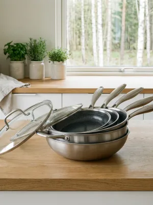 byGaard Hexa Pande 3-Pack - 20+24+28 cm + WP2625 Hybrid wok pande (gryde) mat stål, 30 cm x 9 cm, med glaslåg + sautepande