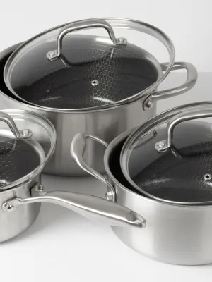 byGaard by Gaard Grydesæt: FP2632 Hybrid gryde mat stål, 20 cm, 3.1 liter, med glaslåg, FP2632 Hybrid gryde mat stål, 24 cm, 5.6 liter, med glaslåg og CP2623 Hybrid kasserolle mat stål, 16 cm, 1.6 liter, med glaslåg,