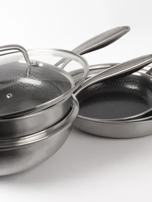 byGaard Hexa Pande 3-Pack - 20+24+28 cm + WP2625 Hybrid wok pande (gryde) mat stål, 30 cm x 9 cm, med glaslåg + sautepande