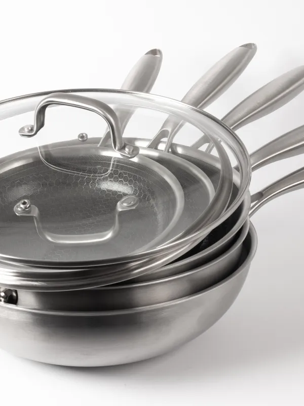 Produkt byGaard Hexa Pande 3-Pack - 20+24+28 cm + WP2625 Hybrid wok pande (gryde) mat stål, 30 cm x 9 cm, med glaslåg + sautepande Billede
