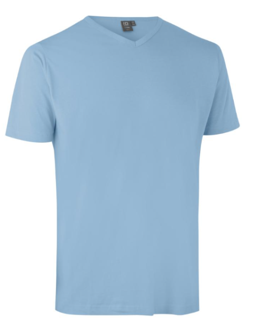 T-Time T-shirt V-hals, fra ID Identity er Klassisk med fire lags halsrib samt ekstra forstærket nakke- og skulderbånd. Er i 100% bomuld OEKE-TEX.