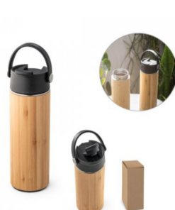 Drikkedunk i bambus, dobbeltvægs rustfri stål og bambus flaske med PP-låg, vakuum konstruktion. Kapacitet: 440 mL. Leveres i karton gaveæske.